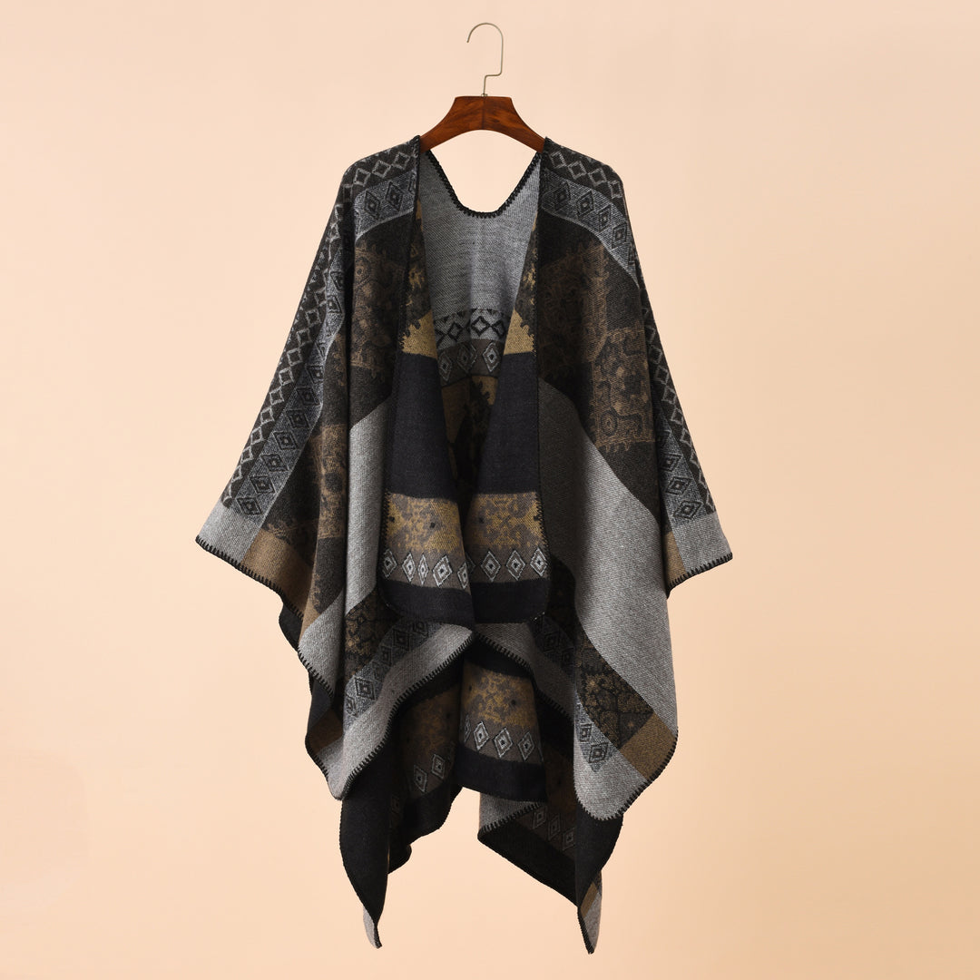 Damen Strickponcho im Paisley-Jacquard mit offener Vorderseite Drune
