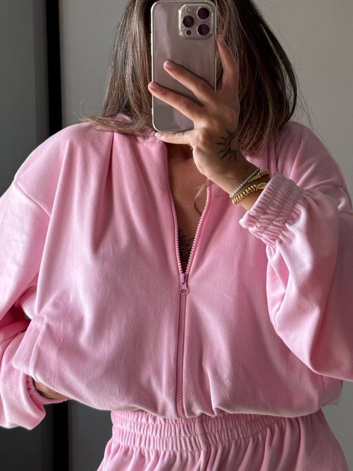 Damen Fleece-Loungewear-Anzug mit modernem Reißverschluss und weitem Schnitt Drune