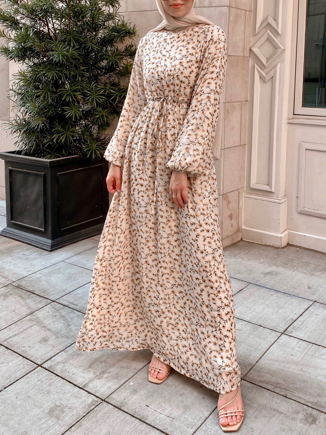 Damen Geblümtes Maxikleid mit Kordel-Taille und Ballonärmeln Drune