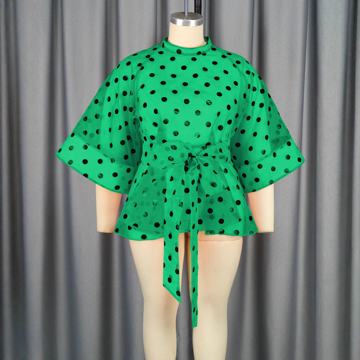 Damen Chiffonbluse mit transparentem Polka-Dots-Design und tailliertem Bindegürtel Drune