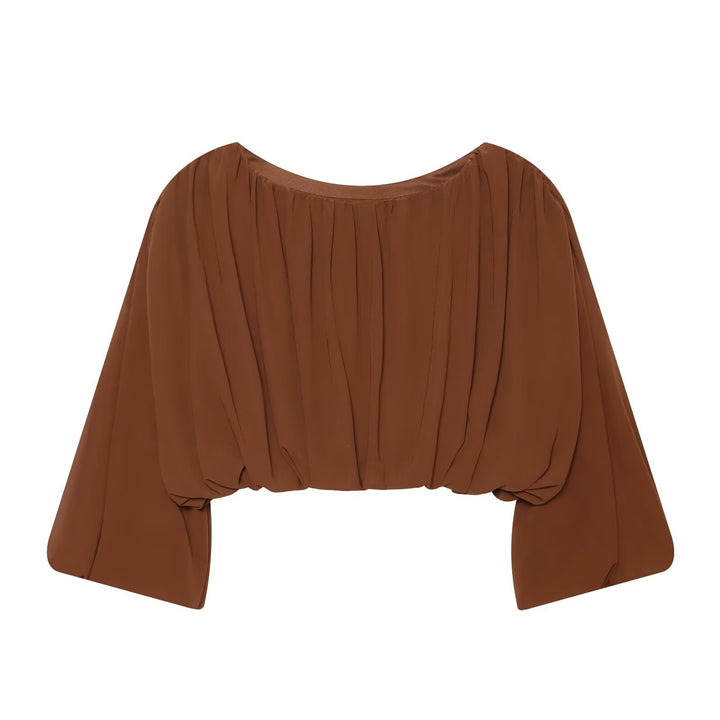 Damen Luftige Chiffon-Kurzbluse mit Drapierung und Ballonärmeln Drune