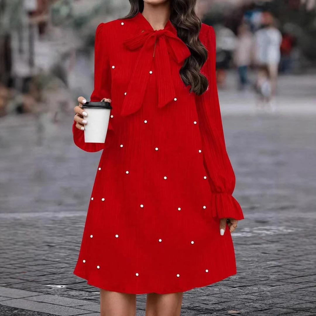 Damen Elegantes Minikleid mit Schleifenkragen und Rüschen Drune