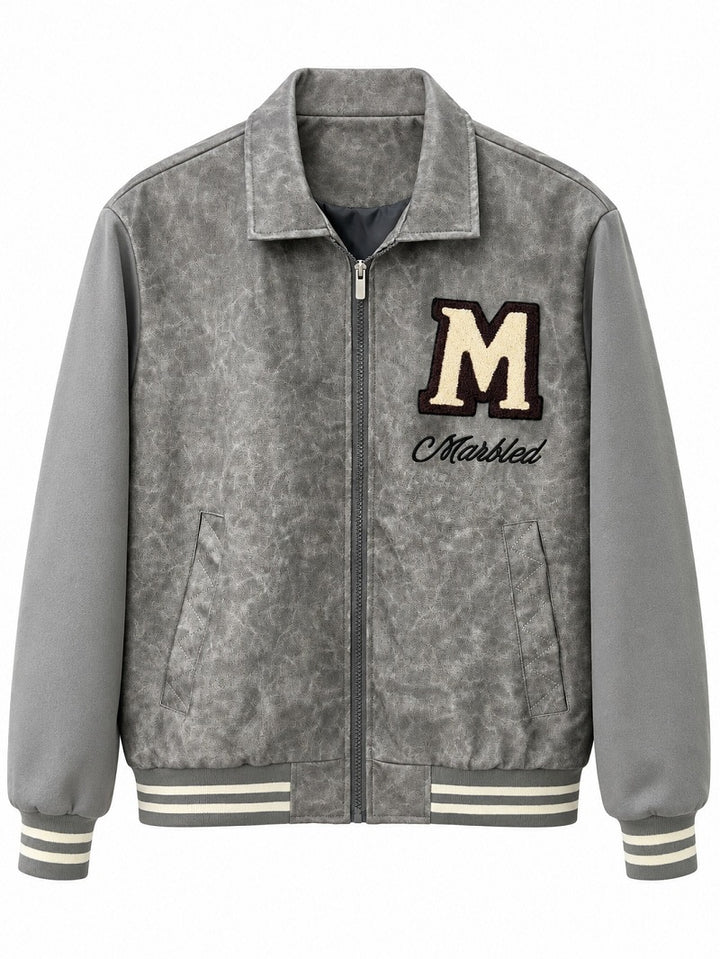 Herren Varsity-Bomberjacke im Vintage-Lederlook mit Chenille-Emblem Drune