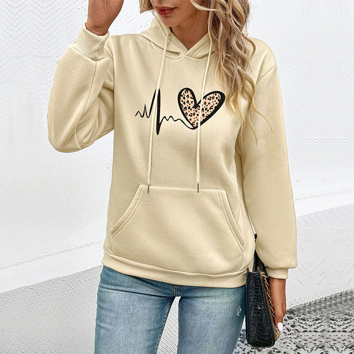 Damen Kapuzenpullover mit Herz‑EKG‑Print, Kängurutasche und lockerer Passform Drune
