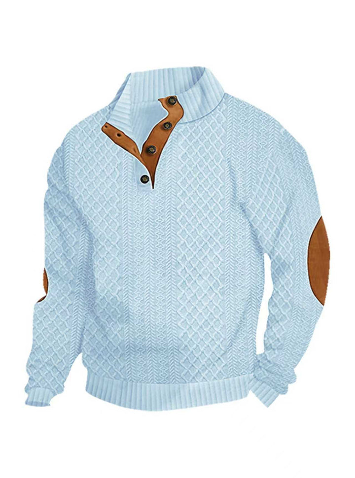 Herren nan Grobgestrickter Pullover mit Ellbogenpatches, Stehkragen und Knopfleiste Drune
