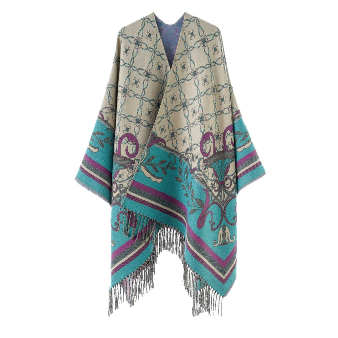 Damen Jacquard‑Gewebter Fransenponcho im Tapisserie‑Look Drune