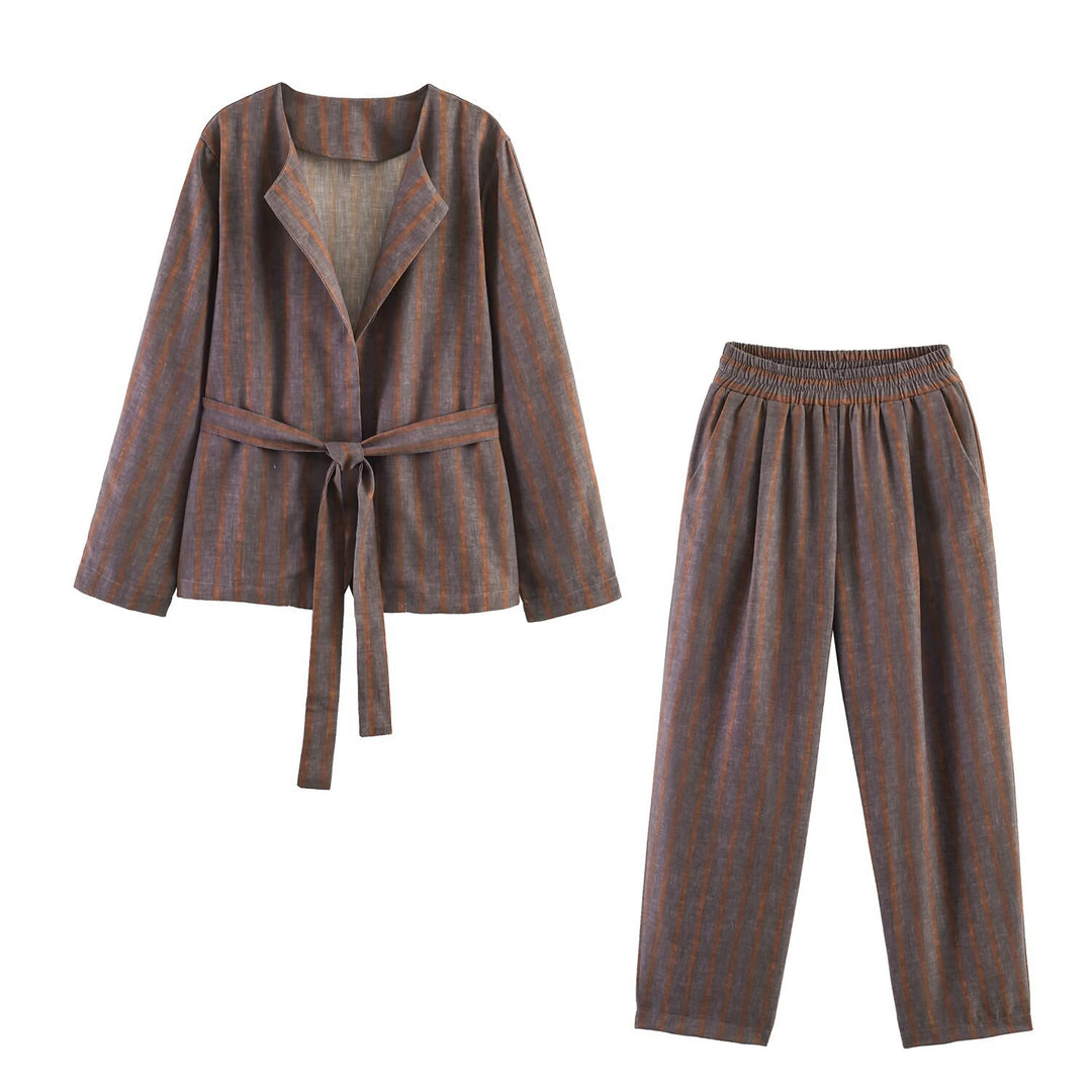 Damen Zweiteiliges Leinen-Set mit Bindegürteljacke und elastischer High-Waist-Hose Drune