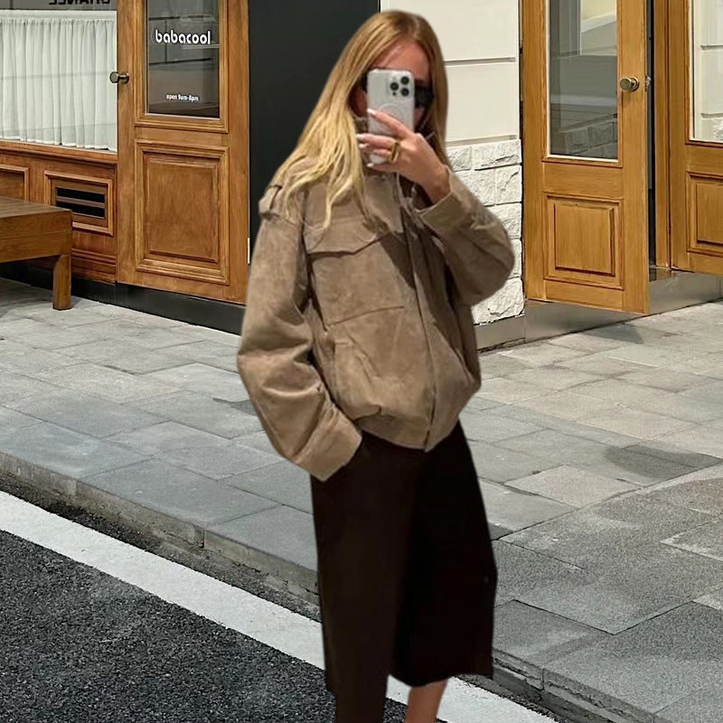 Damen Fetziges Wildlederjacke mit praktischen Taschen Drune