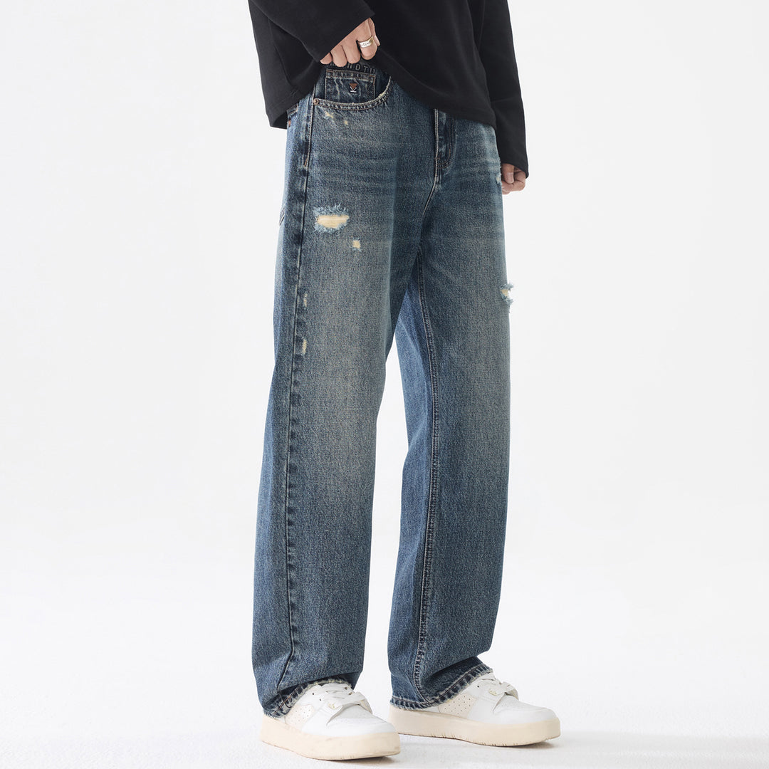 Herren Weite Relaxed-Straight Jeans aus robustem Baumwoll-Denim mit Destroyed-Akzenten Drune