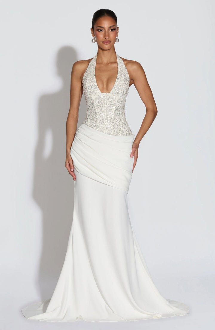 Damen Glamouröses Abendkleid mit tiefem V-Ausschnitt und dekorativen Pailletten Drune