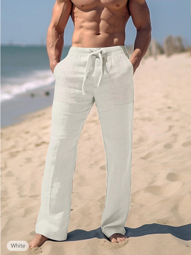 Herren weite Resort-Freizeithose im Palazzo-Stil aus Leinenmix mit Tunnelzug und seitlichen Eingrifftaschen Drune