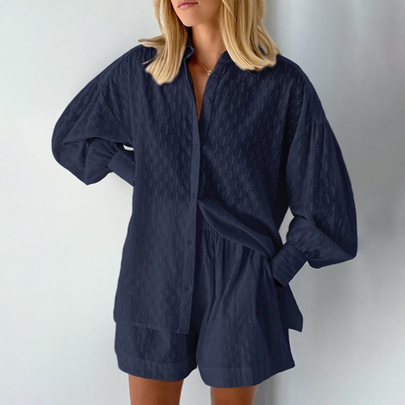 Damen lässiges Oversized Hemd mit Struktur und kurzen Hosen Drune