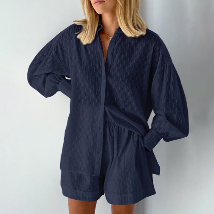 Damen lässiges Oversized Hemd mit Struktur und kurzen Hosen Drune