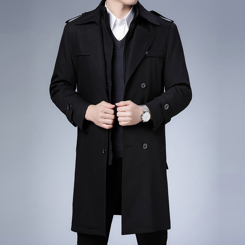 Herren knielanger Trenchcoat mit doppelreihiger Knopfleiste und Epauletten Drune