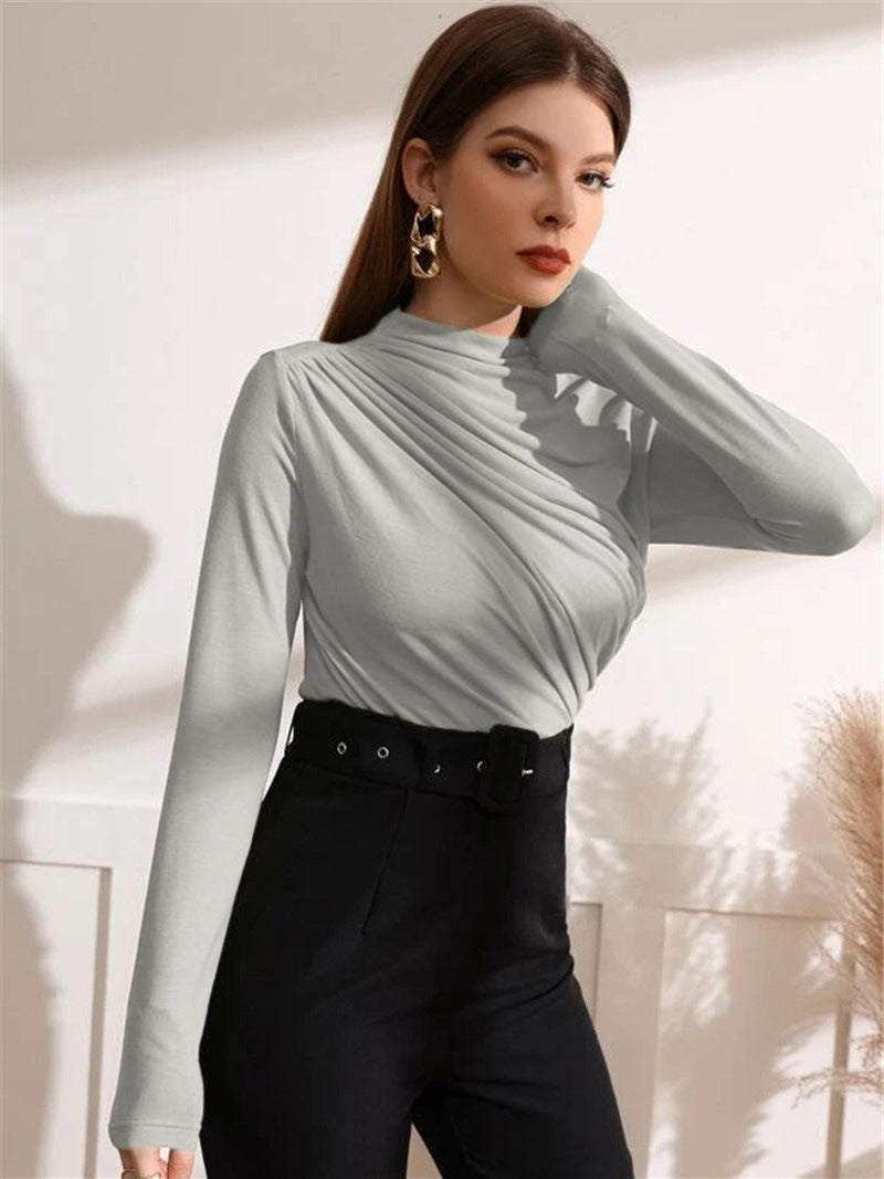 Damen Figurbetontes Langarmshirt mit seitlichem Drapieren und Stehkragen Drune