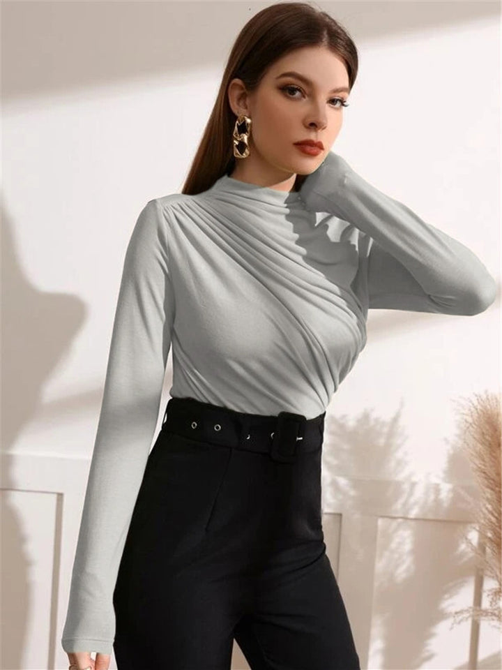 Damen Figurbetontes Langarmshirt mit seitlichem Drapieren und Stehkragen Drune