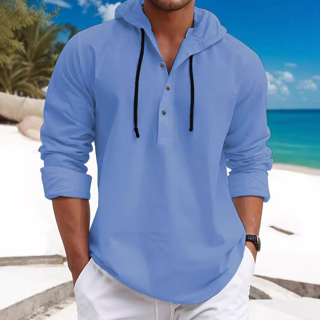 Herren nan sommerliches Hoodie-Henley mit verdeckter Knopfleiste, Kordelzug und gerundetem Saum Drune