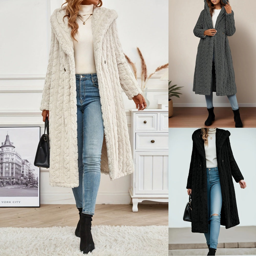 Damen Langer Strickmantel mit hohem Kragen und flauschiger Textur Drune