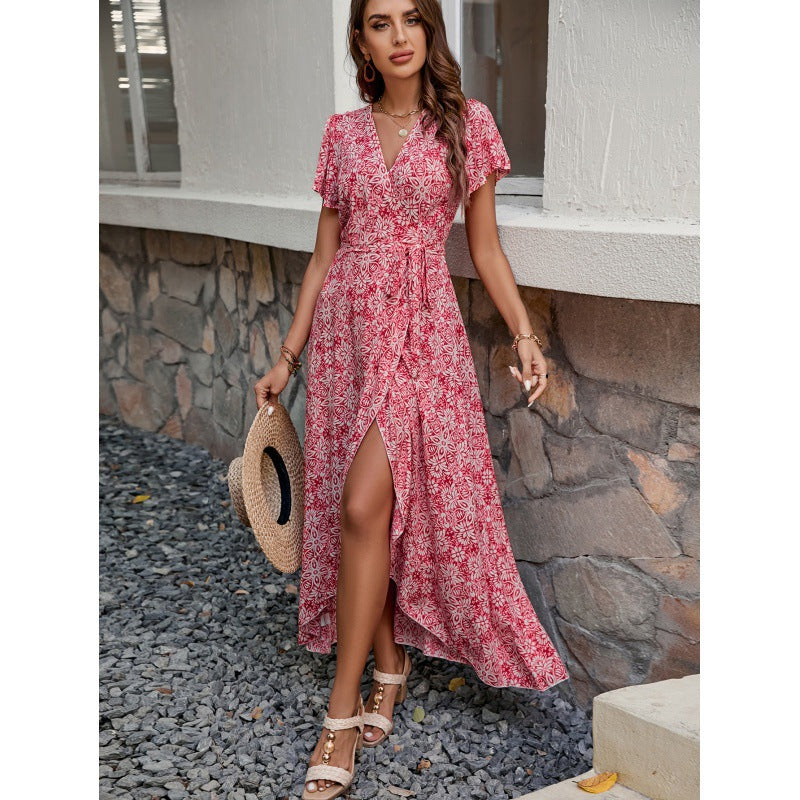 Damen High-Low Wickel Maxi Kleid mit Bindungsdetail Drune