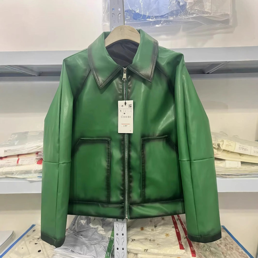 Damen nan boxy Kunstlederblouson mit großem Schalkragen, mittigem Metallreißverschluss und aufgesetzten Fronttaschen Drune