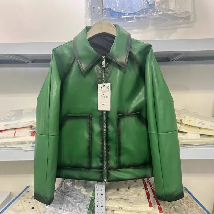Damen nan boxy Kunstlederblouson mit großem Schalkragen, mittigem Metallreißverschluss und aufgesetzten Fronttaschen Drune