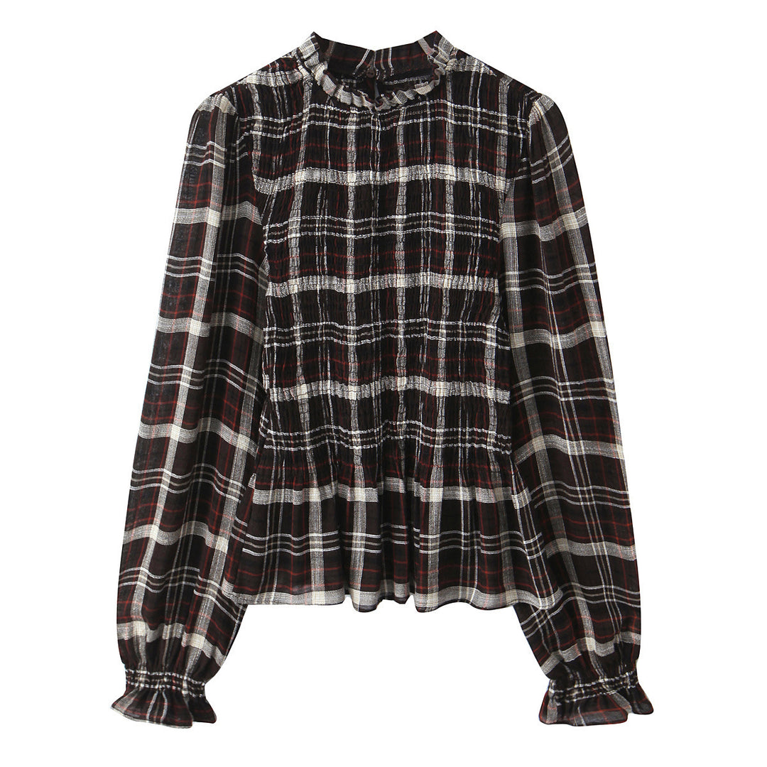 Damen Gestreifte Bluse mit Smok-Front, Stehkragen und Volant-Saum Drune