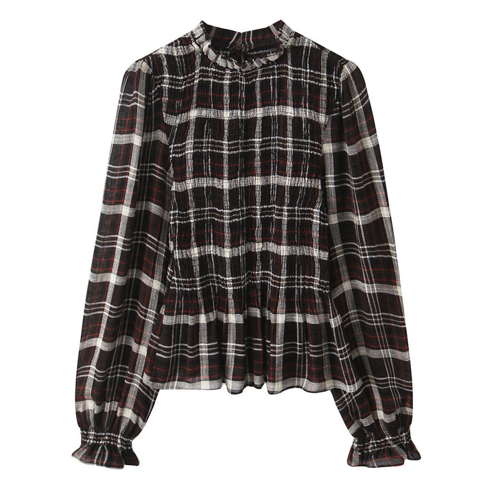 Damen Gestreifte Bluse mit Smok-Front, Stehkragen und Volant-Saum Drune
