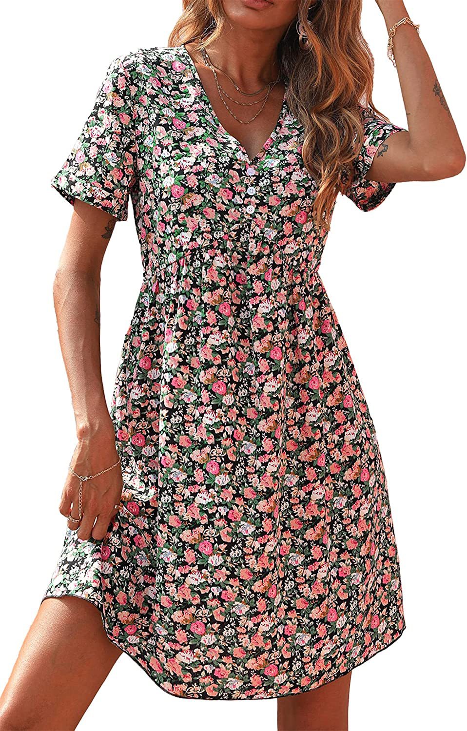 Damen Shift-Kleid mit floralem Schnitt und V-Ausschnitt Drune