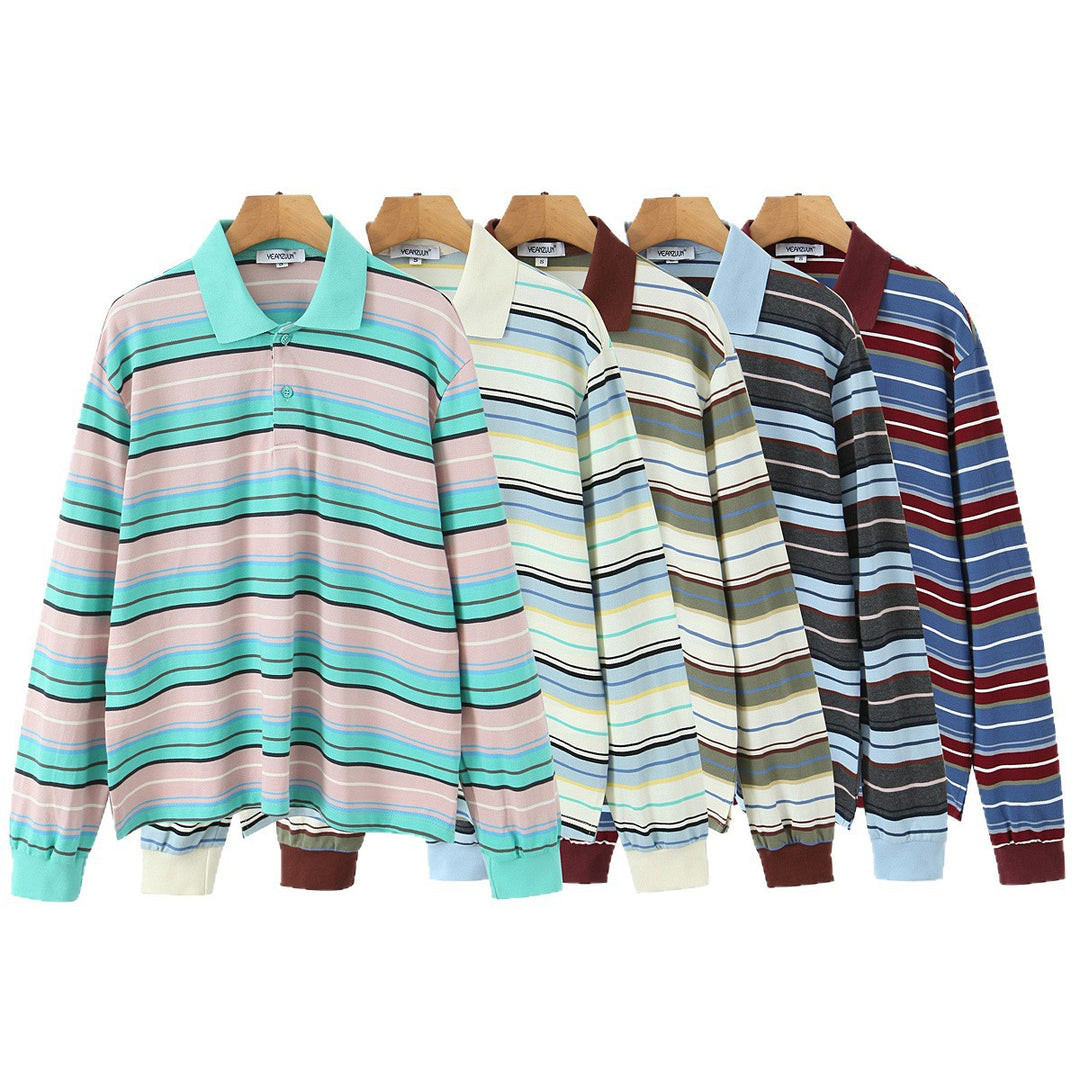Damen Gestreiftes Poloshirt‑Sweatshirt aus Baumwollmix mit Kontrastkragen und gerippten Bündchen Drune