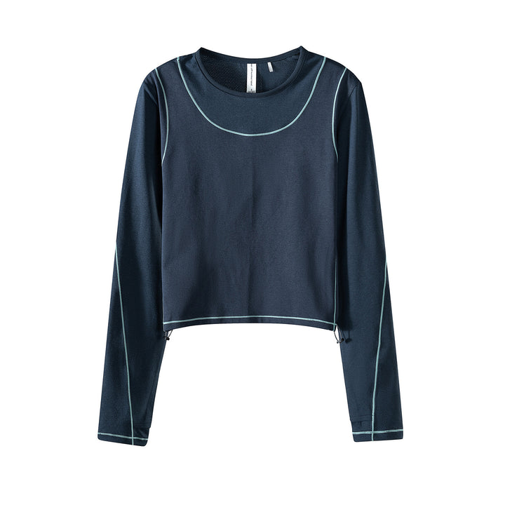 Damen Leichtes cropped Layering-Longsleeve mit Mesh-Ärmeln, Kontrastnähten und Kordelzug Drune