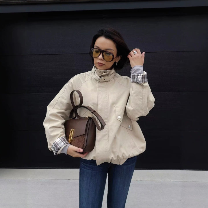 Damen Kurze Boxy-Fieldjacke mit hohem Funnelkragen und karierten Ärmelumschlägen Drune