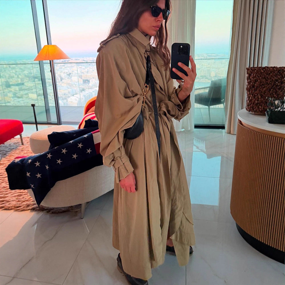 Damen Oversize-Trenchcoat mit voluminösen Ballonärmeln, Kordelzug und abnehmbarer Kapuze Drune