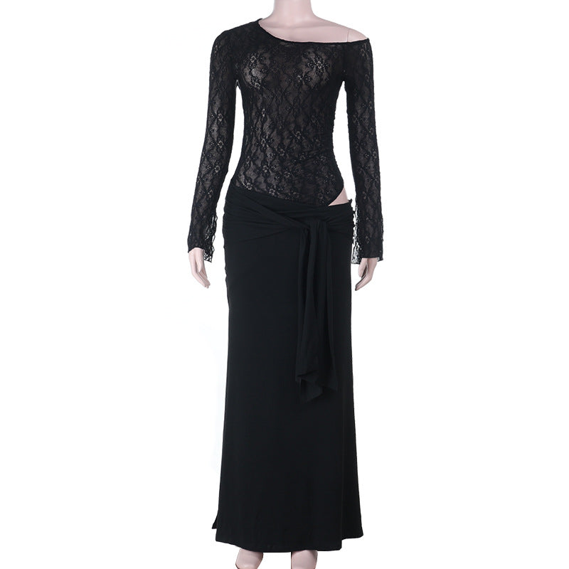 Damen eleganter Spitzen-Bodysuit mit schickem langen Rock Drune