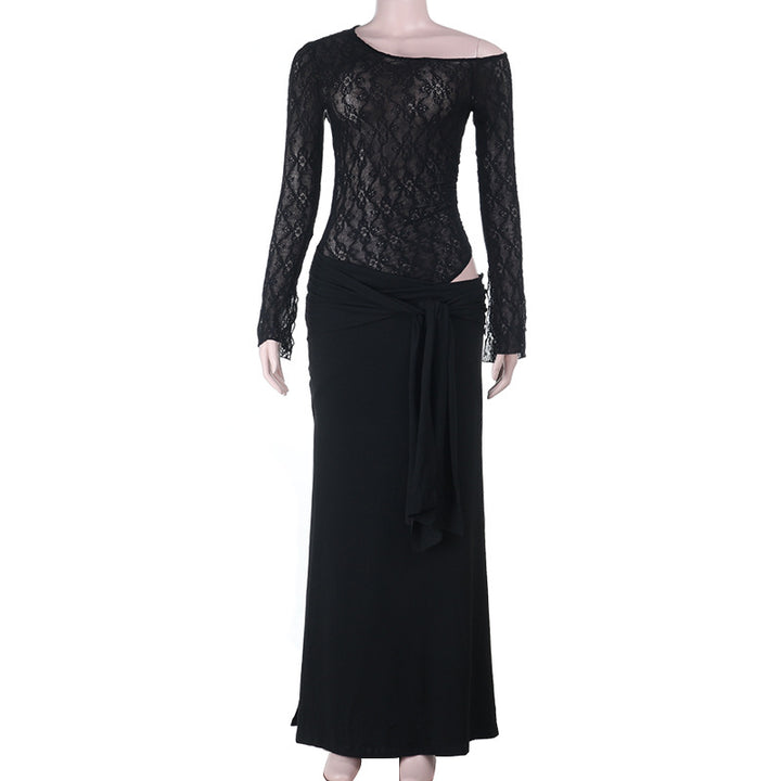 Damen eleganter Spitzen-Bodysuit mit schickem langen Rock Drune