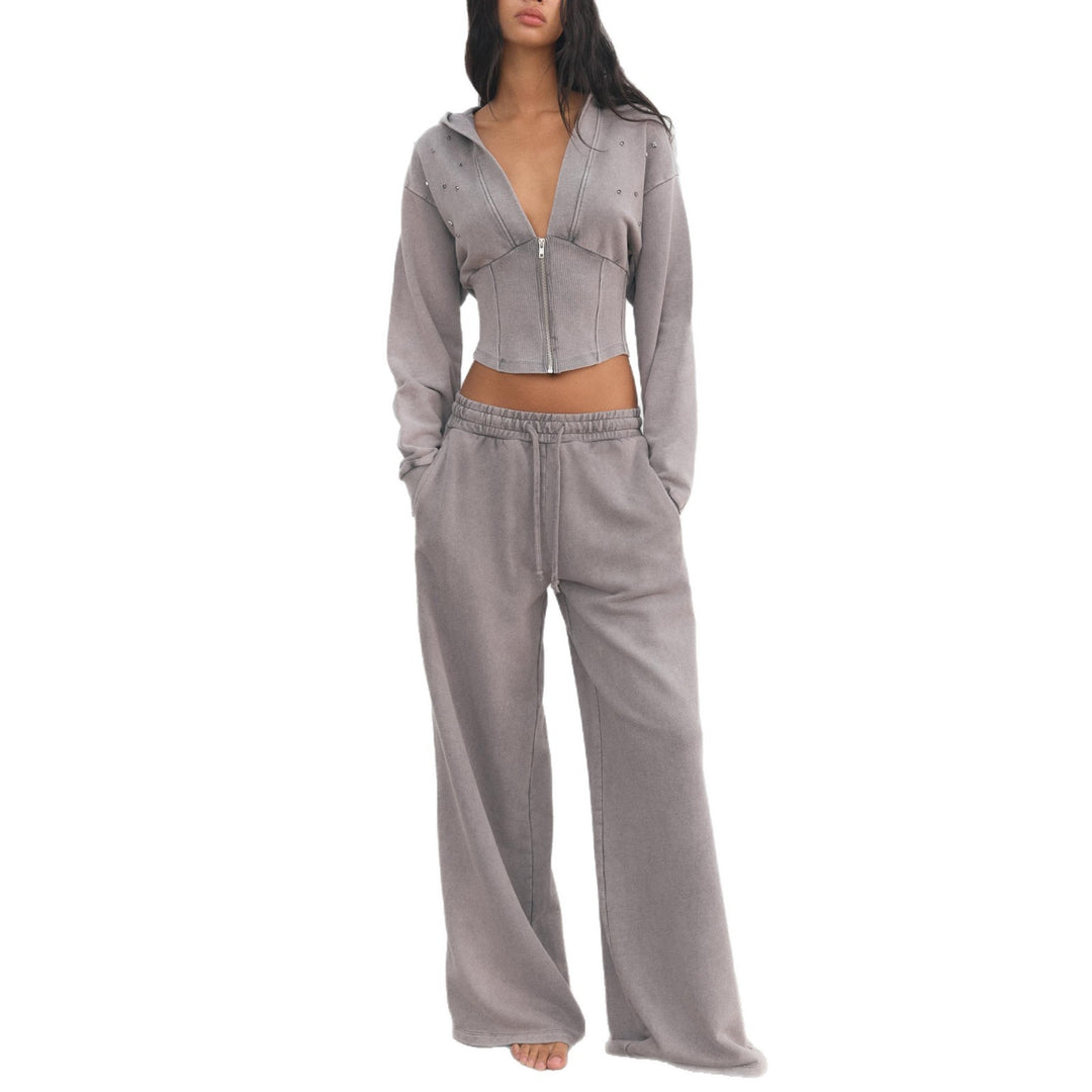 Damen modischer Zweiteiler mit cropped Hoodie und weiten Hosen Drune