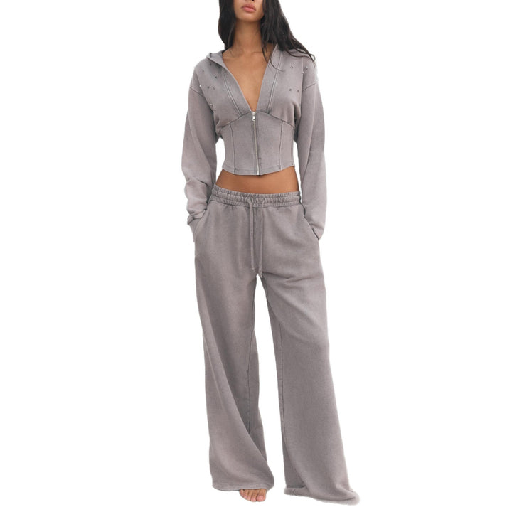 Damen modischer Zweiteiler mit cropped Hoodie und weiten Hosen Drune