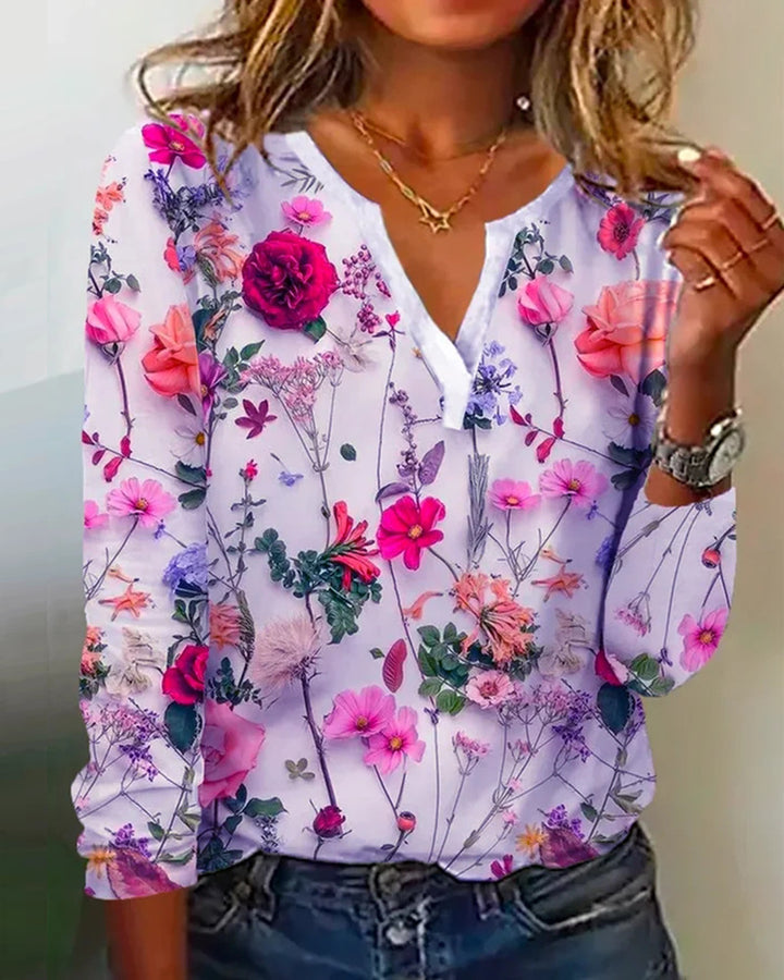 Damen Floral Lange Bluse im Chiffon-Look mit V-Schlitz und Lässiger Silhouette Drune
