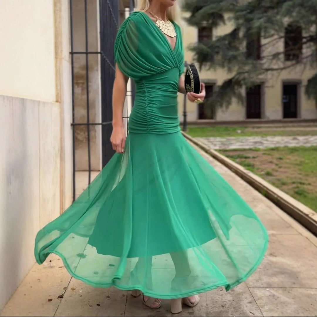 Damen nan elegantes bodenlanges Abendkleid mit drapierter Schulterpartie und luftiger Chiffon-Rock Drune