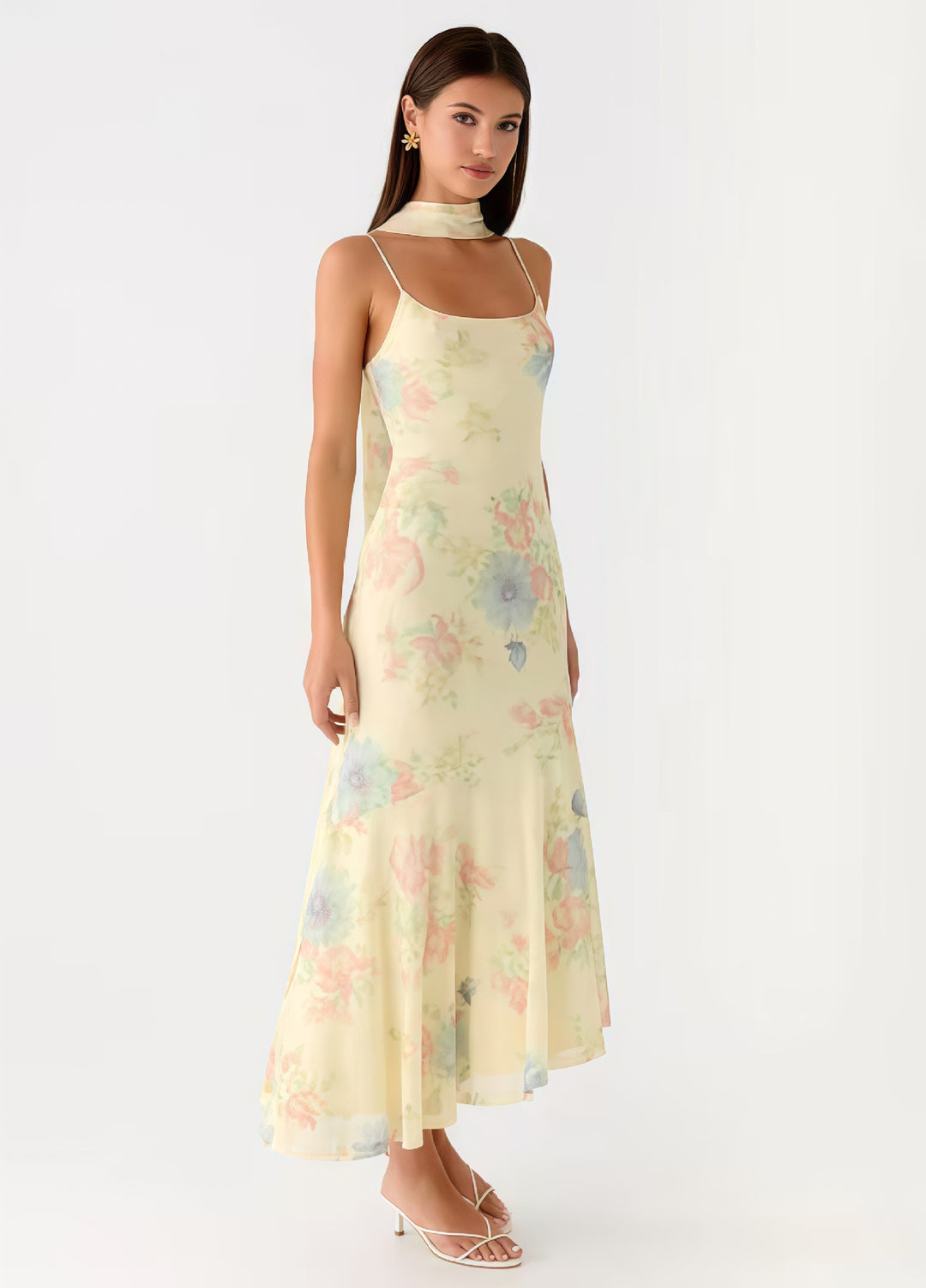 Damen Elegantes Maxikleid mit blumigem Chiffon-Design und Neckholder-Ausschnitt Drune