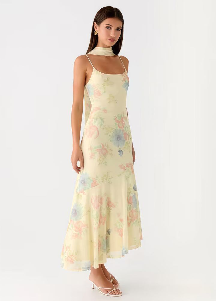 Damen Elegantes Maxikleid mit blumigem Chiffon-Design und Neckholder-Ausschnitt Drune