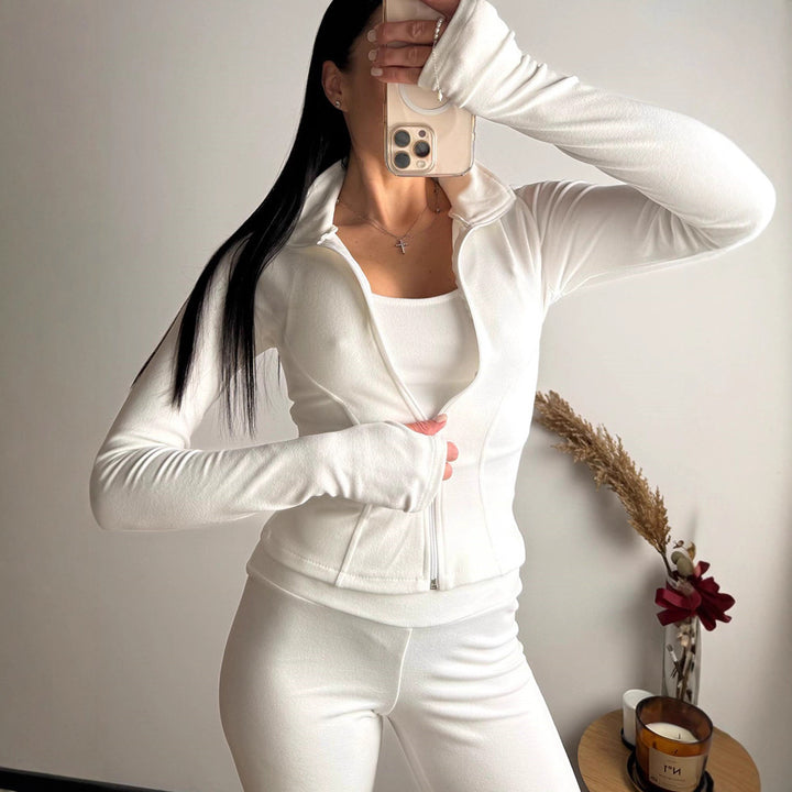 Damen Figurbetontes Freizeit-Set mit Reißverschlussjacke und taillenhohen Leggings aus Stretch mit Daumenlöchern Drune