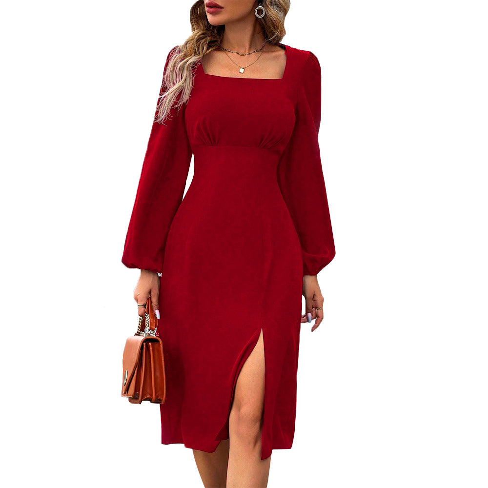 Damen Cocktailkleid mit langen Puffärmeln und hohem Schlitz Drune