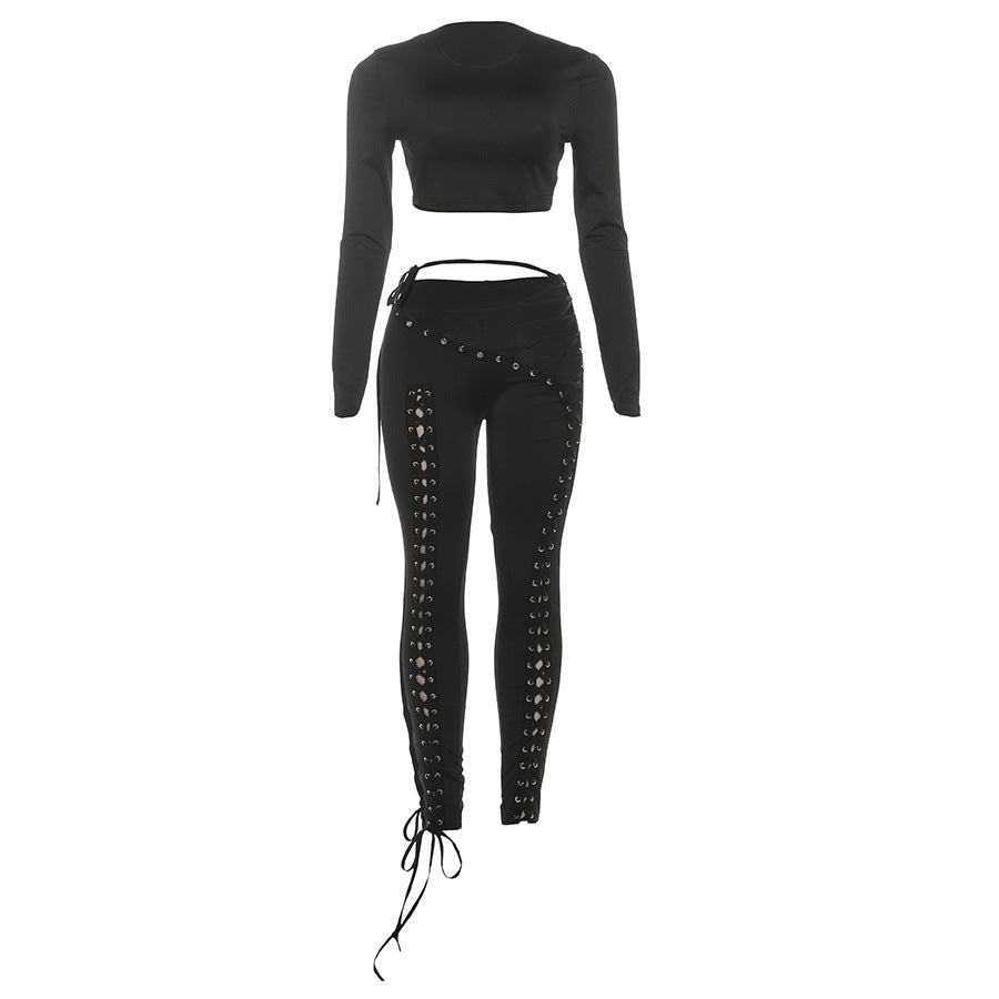 Damen Crop-Top und Hoch geschnittene Leggings mit Schnürdetails Drune