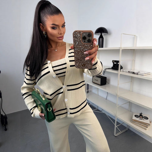 Damen Strick-Loungewear-Set aus Feinripp mit Button-Cardigan, Spaghetti-Top und weitem Jogger Drune