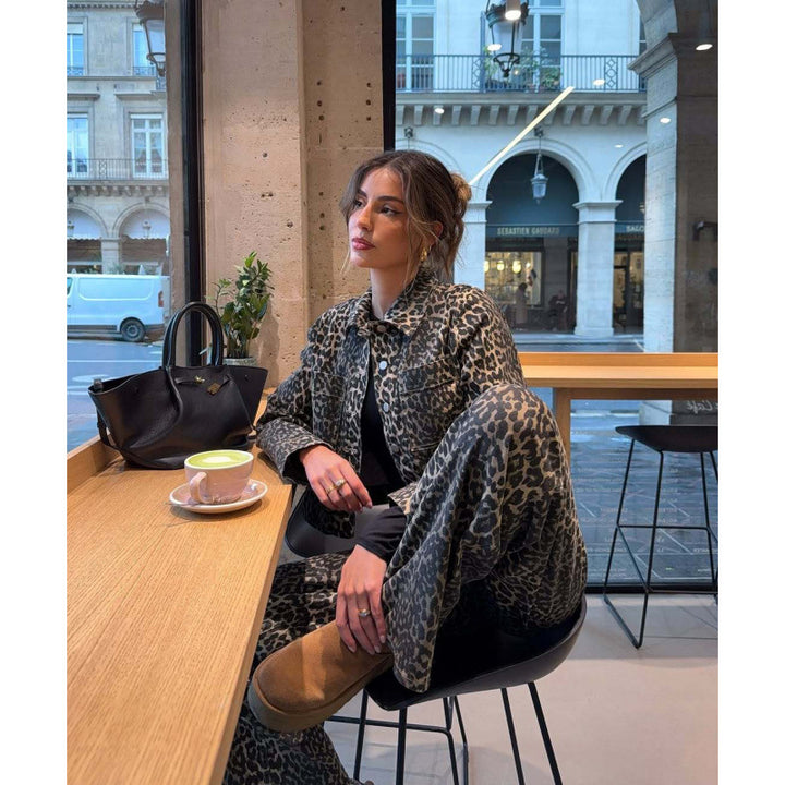 Damen lässige Leo-Print Jacke mit praktischen Taschen Drune