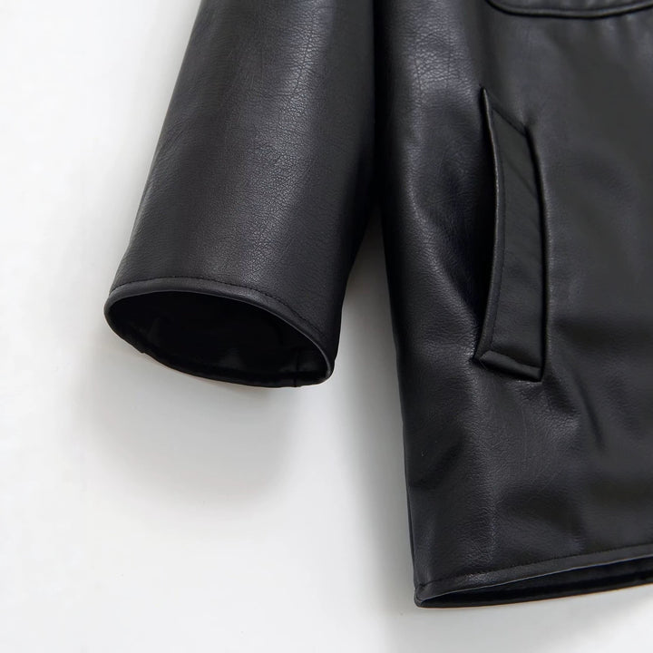 Damen kragenlose Oversize-Kunstlederjacke mit Rundhalsausschnitt Drune