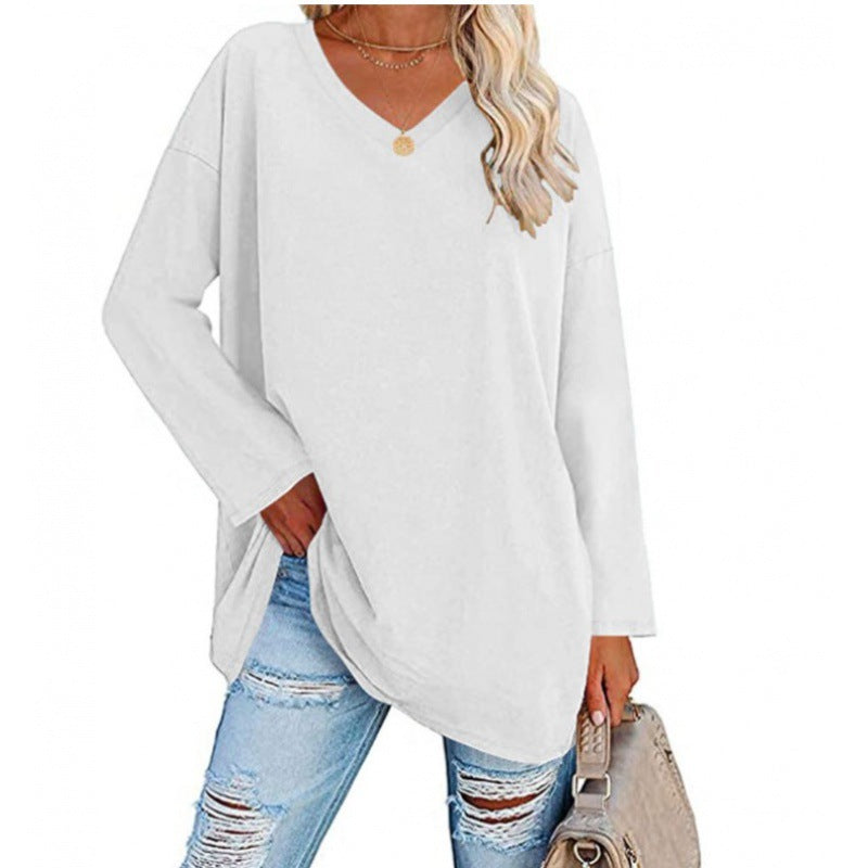 Damen Lässiges V-Ausschnitt Sweatshirt mit langen Ärmeln und asymmetrischem Saum Drune