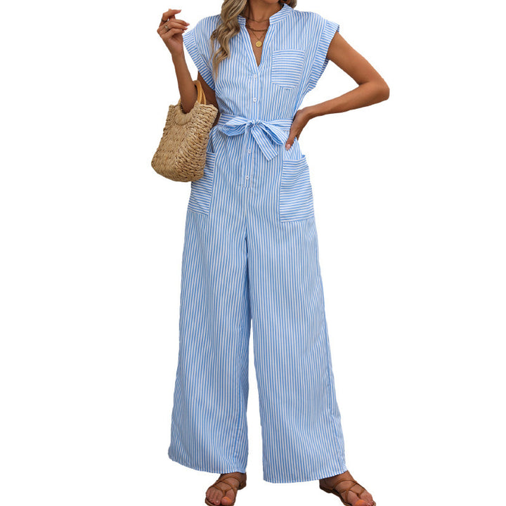 Damen Gestreifter Jumpsuit mit weitem Bein, Taillenschärpe und Hemdblusen-Detail Drune