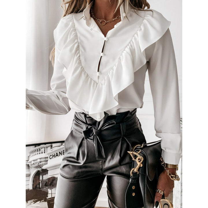 Damen Volantbluse mit Rüschenkragen, geraffter Taille und Tupfenprint Drune