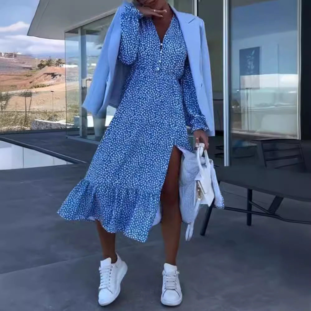 Damen nan Midikleid mit V-Ausschnitt geraffter Taillennaht langen Ärmeln Volant-Saum und seitlichem Beinschlitz Drune